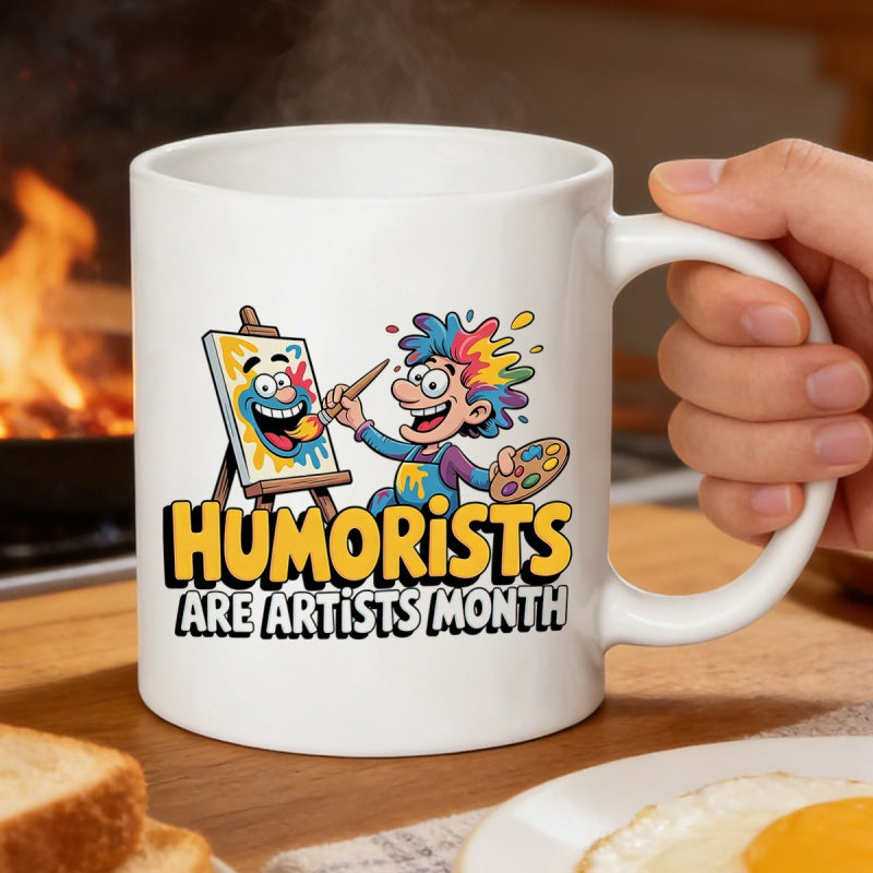 Tailorly White Ceramic 11 oz Mug - Humorists Are Artists Month Joyful Cartoon Character Painting A Colorful Face On Canvas Artist
