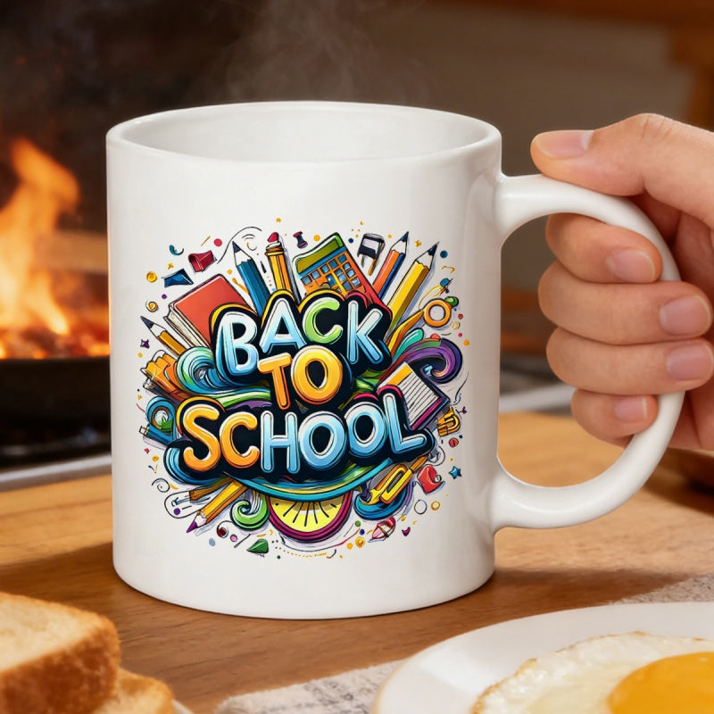 Tailorly White Ceramic 11 oz Mug - Back To School Colorful Stationery And Pencils Floating Around Playful Education Text Supplies