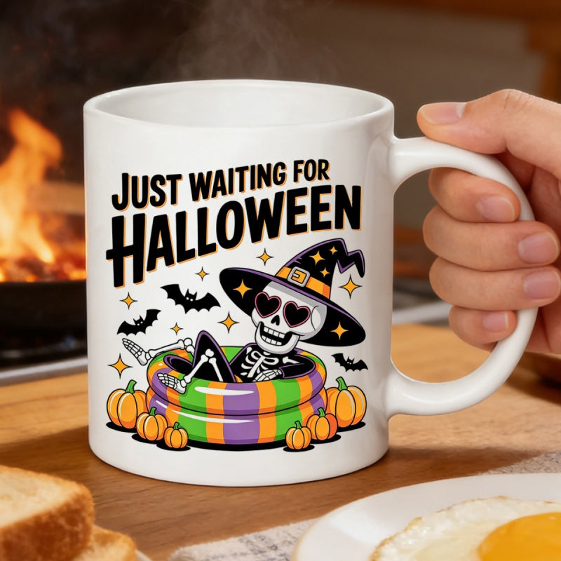 Tailorly White Ceramic 11 oz Mug - Just Waiting For Halloween Relaxing Inside Striped Ring Surrounded By Tiny Orange Pumpkins Skeleton