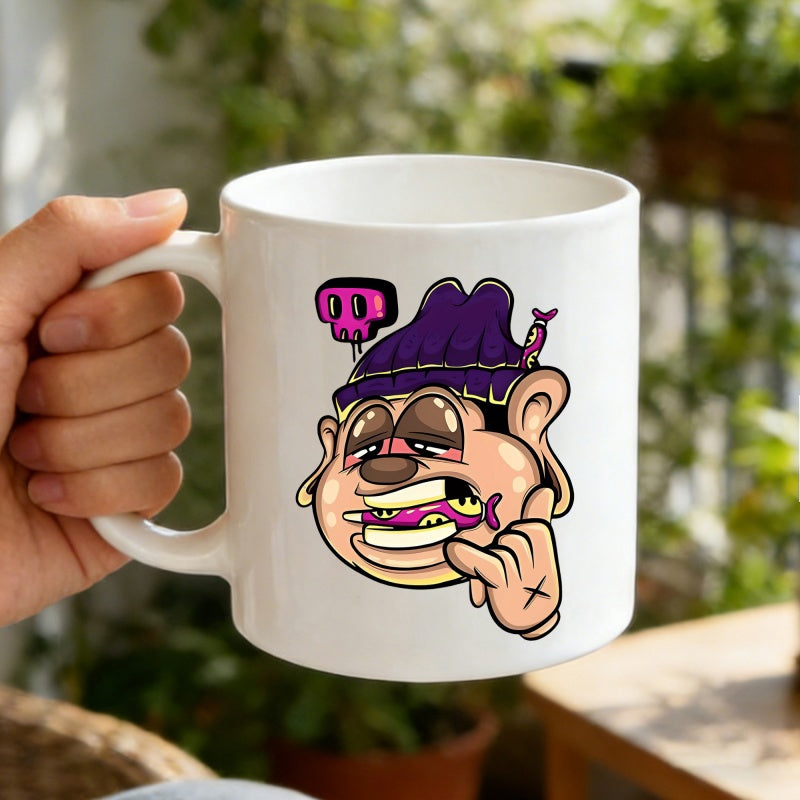 Tailorly White Ceramic 11 oz Mug - Funky Cartoon Man Wearing Purple Beanie With Small Pink Skull Character