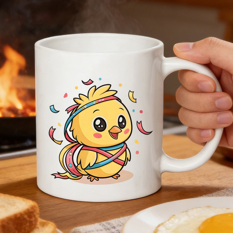 Tailorly White Ceramic 11 oz Mug - Cute Yellow Cartoon Chick With Colorful Ribbons And Flying Confetti Bird