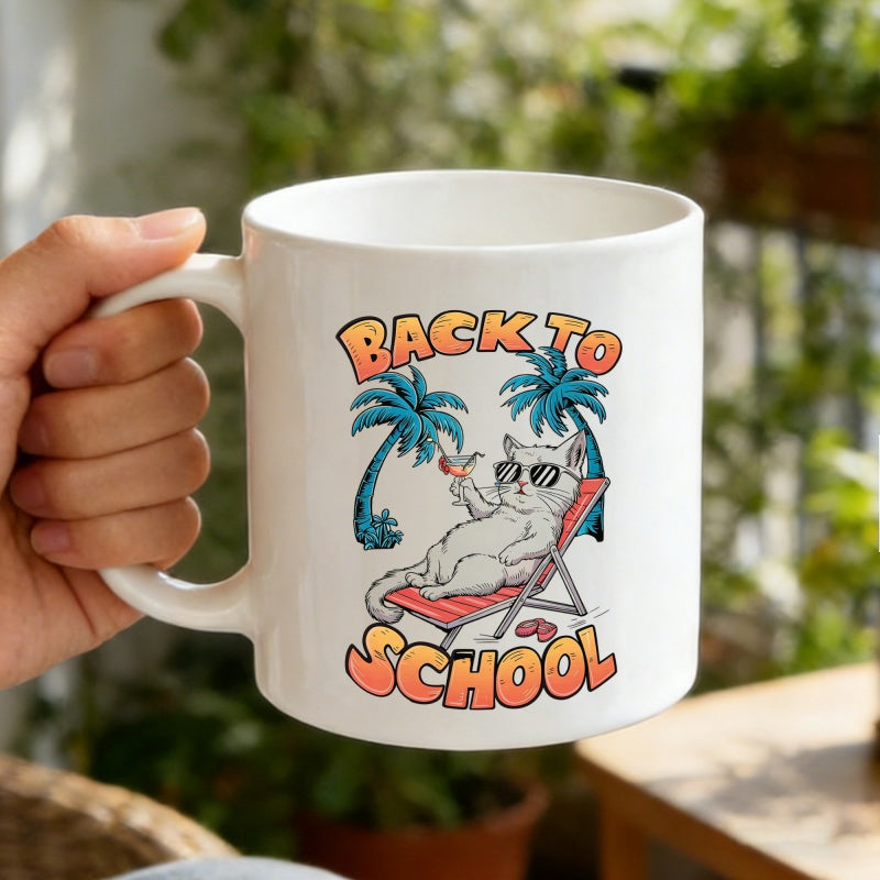 Tailorly White Ceramic 11 oz Mug - Back To School Relaxing Cartoon White Cat Wearing Sunglasses Among Tropical Palm Trees Lounging Cat