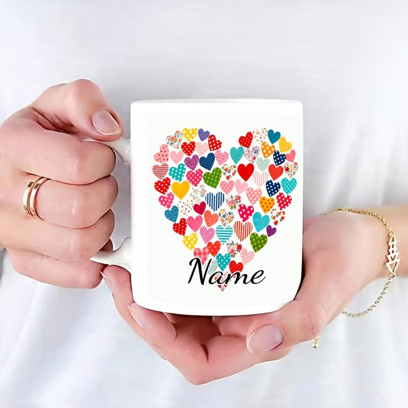 Tailorly White Ceramic 11 oz Mug - Name Colorful Mosaic Hearts Patterned On Smooth