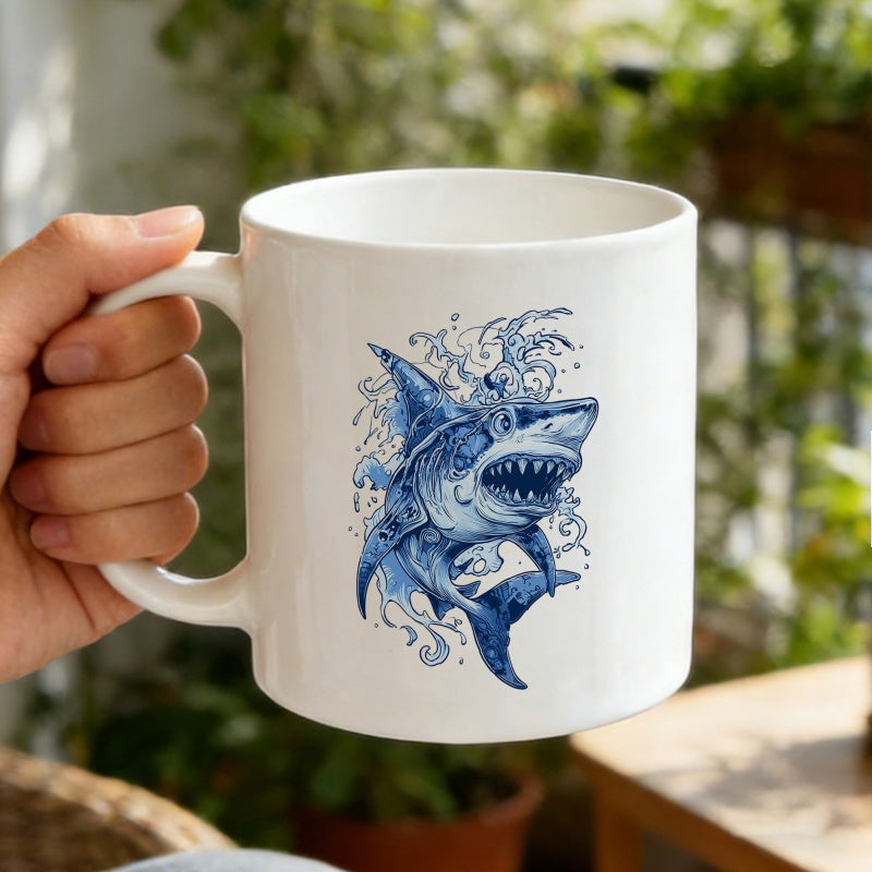 Tailorly White Ceramic 11 oz Mug - Illustrative Blue Shark Leaping Through Swirling Artistic Water And Splashing Waves Shark