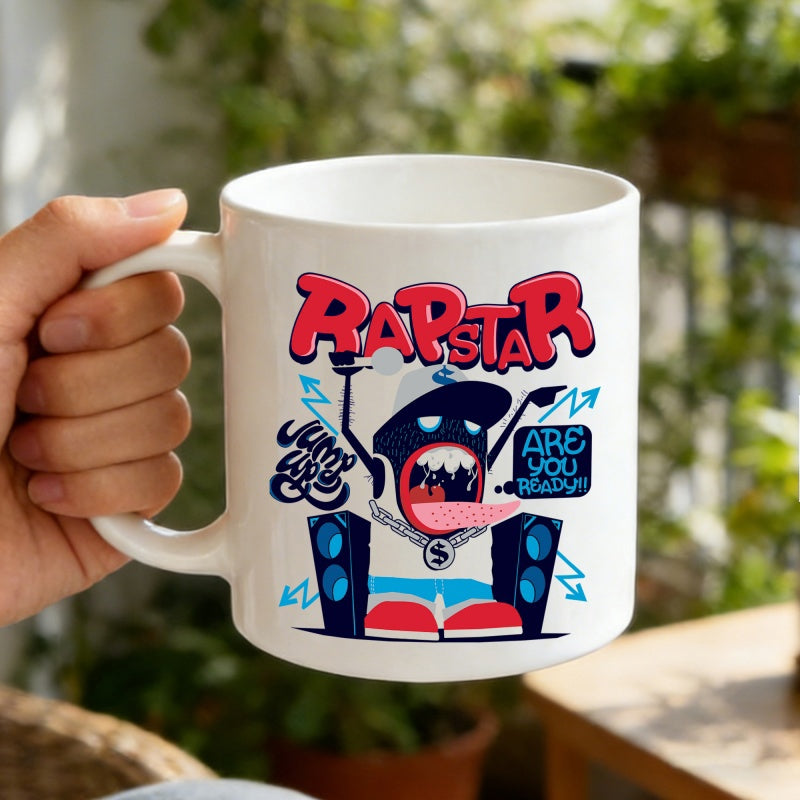 Tailorly White Ceramic 11 oz Mug - Rapstar Are You Ready Vibrant Hip Hop Character Performing Between Speakers With Bold Blue Arrows Rapper