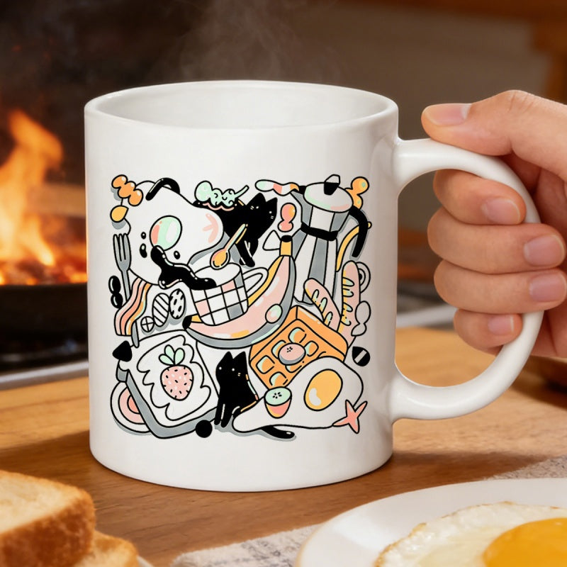 Tailorly White Ceramic 11 oz Mug - Hand Drawn Breakfast Elements With Black Cats And Kitchen Items Doodle
