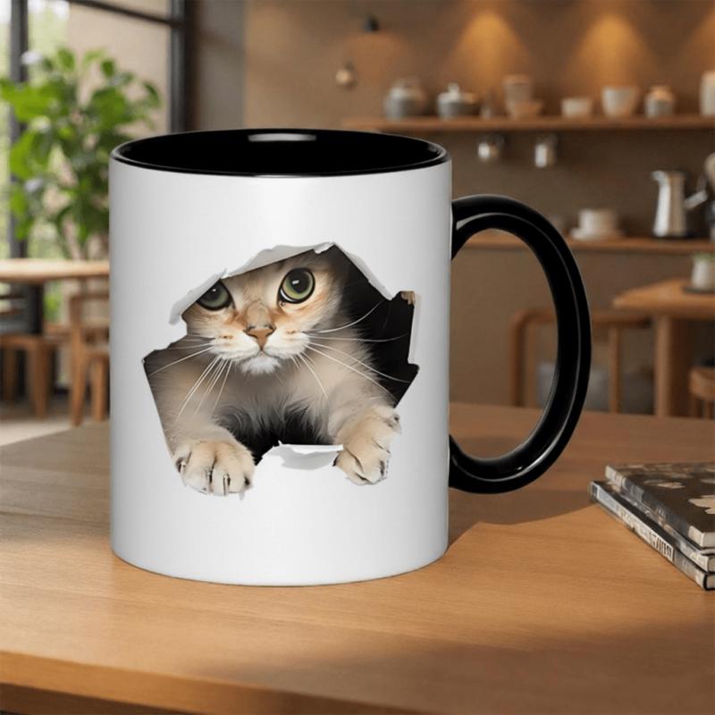 Tailorly Black Accent 11 oz Mug - cat peeking through a torn hole