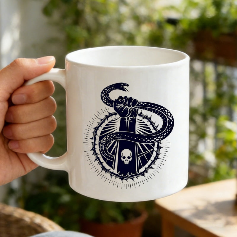 Tailorly White Ceramic 11 oz Mug - Gothic Style Serpent Coiled Around A Raised Fist Above Skull Mug