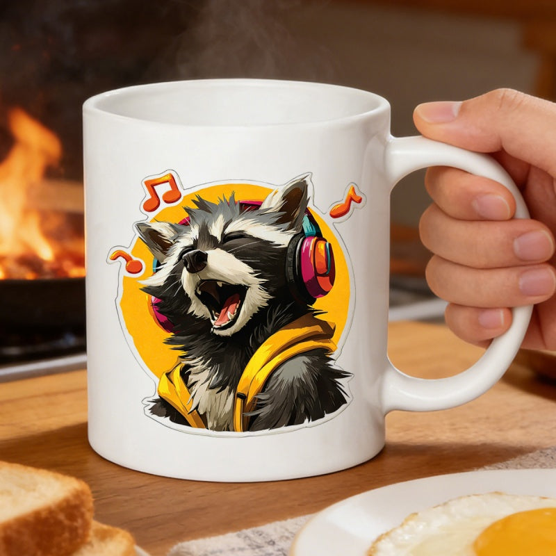 Tailorly White Ceramic 11 oz Mug - Joyful Singing Animal Wearing Colorful Headphones Surrounded By Musical Notes Raccoon
