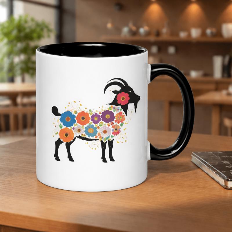 Tailorly Black Accent 11 oz Mug - floral goat silhouette with colorful flowers and golden accents