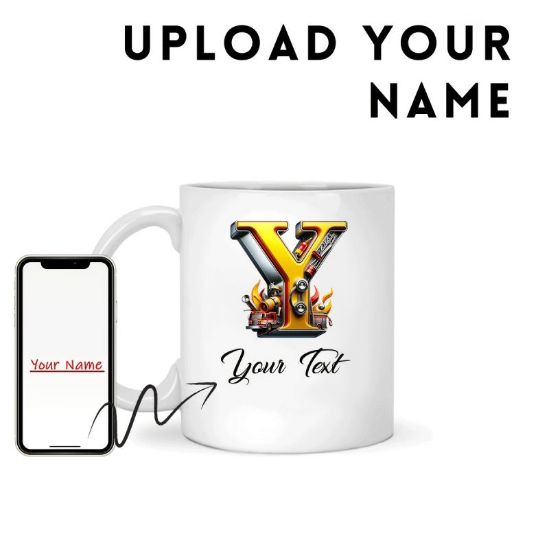 Tailorly White Ceramic 11 oz Mug - Your Text Intense Fire Flames And Mechanical Industrial 3D Metallic Style Letter
