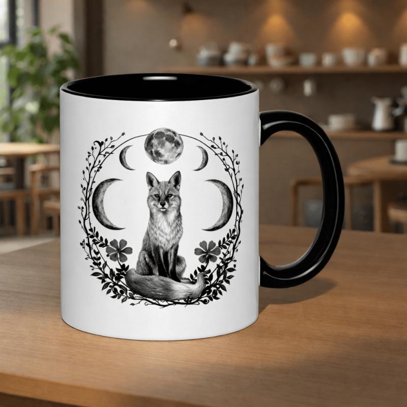Tailorly Black Accent 11 oz Mug - mystical fox moon phases floral wreath