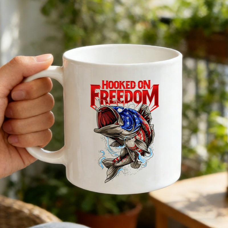 Tailorly White Ceramic 11 oz Mug - Hooked On Freedom Patriotic Jumping Bass With Stars And Stripes American Flag Pattern Design Bass