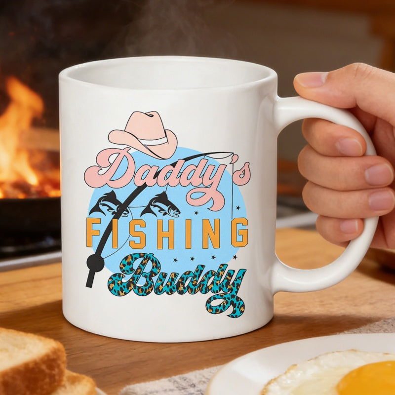 Tailorly White Ceramic 11 oz Mug - Daddys Fishing Buddy Pink Cowboy Hat With Fishing Rod And Fish Silhouettes Graphic