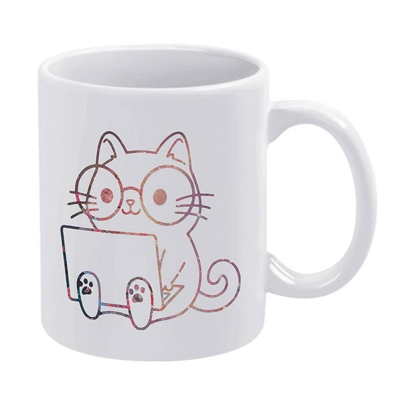 Tailorly White Ceramic 11 oz Mug - Adorable Cartoon Feline Wearing Glasses While Working On A Portable Laptop Cat