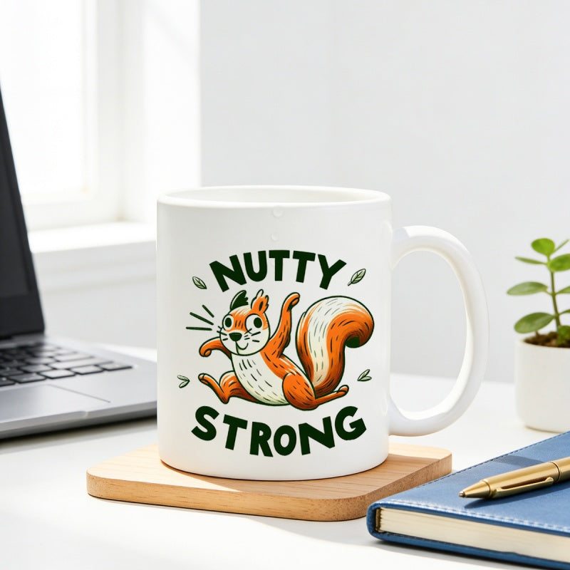 Tailorly White Ceramic 11 oz Mug - Nutty Strong Energetic Cartoon Forest Animal In A Heroic Pose Featuring Small Leaves Squirrel