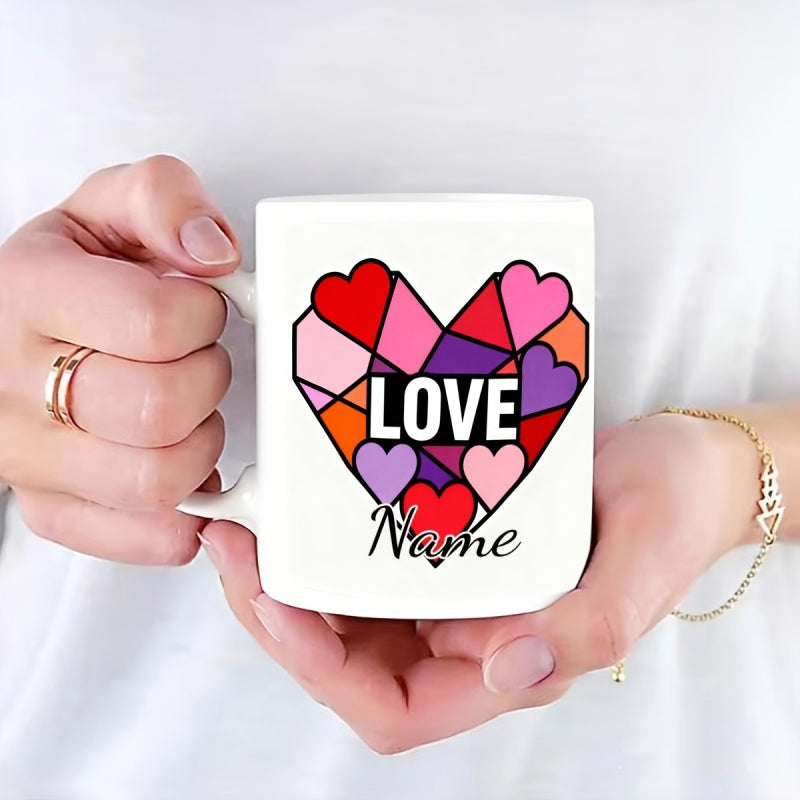 Tailorly White Ceramic 11 oz Mug - Love Name Colorful Geometric Stained Glass Pattern Inside A Vibrant Heart