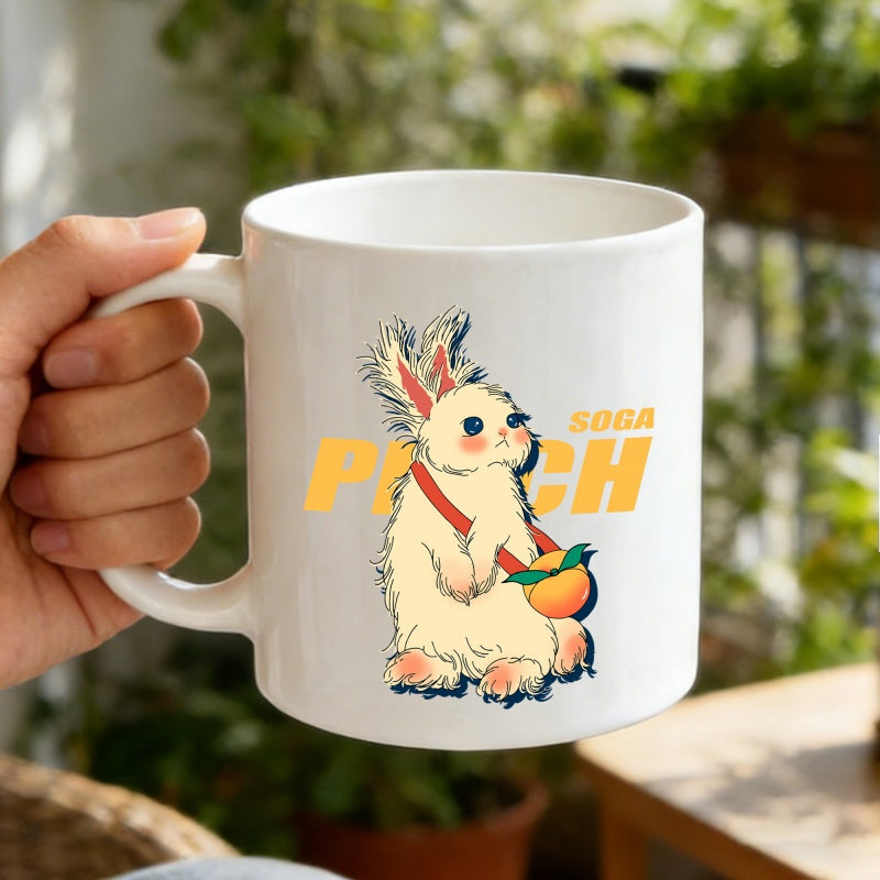 Tailorly White Ceramic 11 oz Mug - Peach Soda Charming Fluffy White Bunny Carrying A Harvested Sweet Orange Peach Rabbit