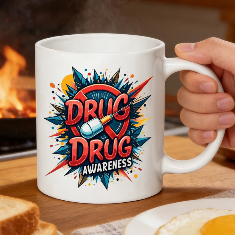 Tailorly White Ceramic 11 oz Mug - Drug Drug Awareness Vibrant Pop Art Illustration With Colorful Shards And Medical Capsule Sign
