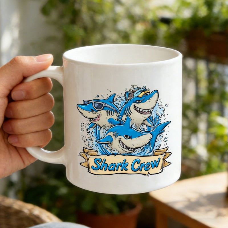 Tailorly White Ceramic 11 oz Mug - Shark Crew Three Playful Blue Cartoon Sharks Splashing In Cresting Ocean Waves Shark