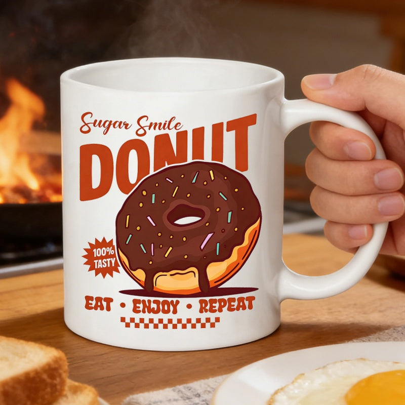 Tailorly White Ceramic 11 oz Mug - Sugar Smile Donut Eat Enjoy Repeat Delicious Chocolate Glazed Pastry With Colorful Sprinkles And Vintage Style Donut