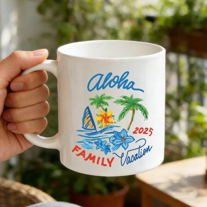 Tailorly White Ceramic 11 oz Mug - Aloha Family Vacation 2025 Tropical Beach Scene With Vibrant Palm Trees And Colorful Hibiscus Flowers Mug
