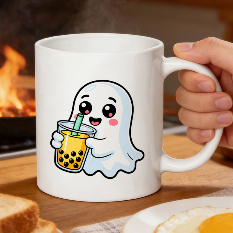 Tailorly White Ceramic 11 oz Mug - Cute White Ghost Drinking Delicious Yellow Bubble Tea Boba Ghost