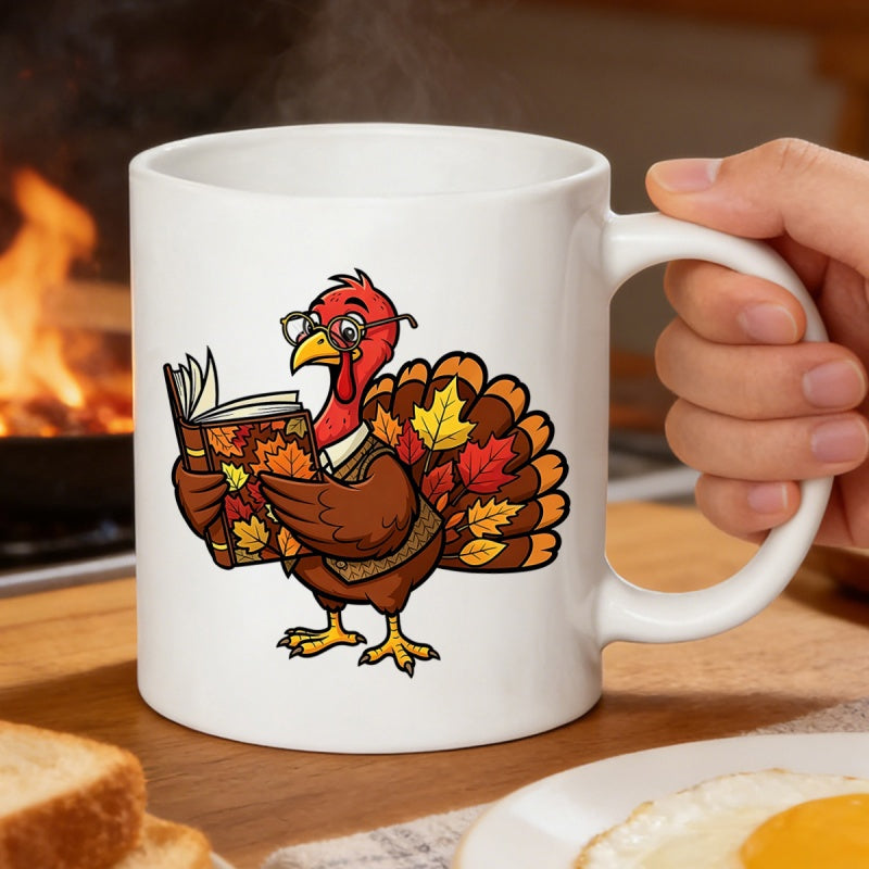 Tailorly White Ceramic 11 oz Mug - Scholarly Autumn Themed Cartoon Wearing Glasses And Reading Book Turkey