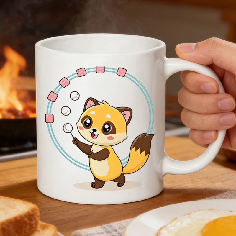Tailorly White Ceramic 11 oz Mug - Adorable Cartoon Animal With Floating Bubbles Inside Circular Frame Playful Fox