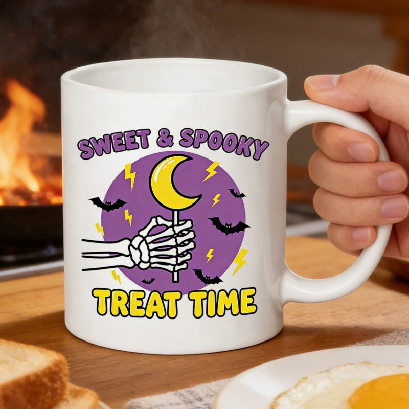 Tailorly White Ceramic 11 oz Mug - Sweet Spooky Treat Time Skeleton Hand Holding A Yellow Crescent Moon Lollipop With Bats Skeleton