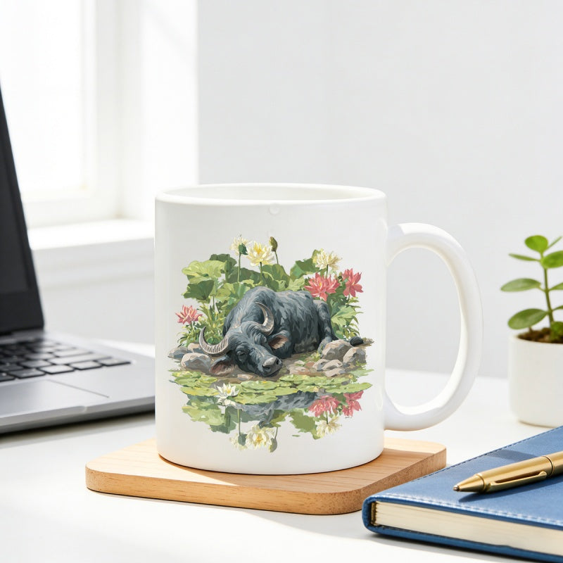 Tailorly White Ceramic 11 oz Mug - Serene Resting Water Buffalo Among Blooming Lotus Flowers And Green Lily Pads Buffalo