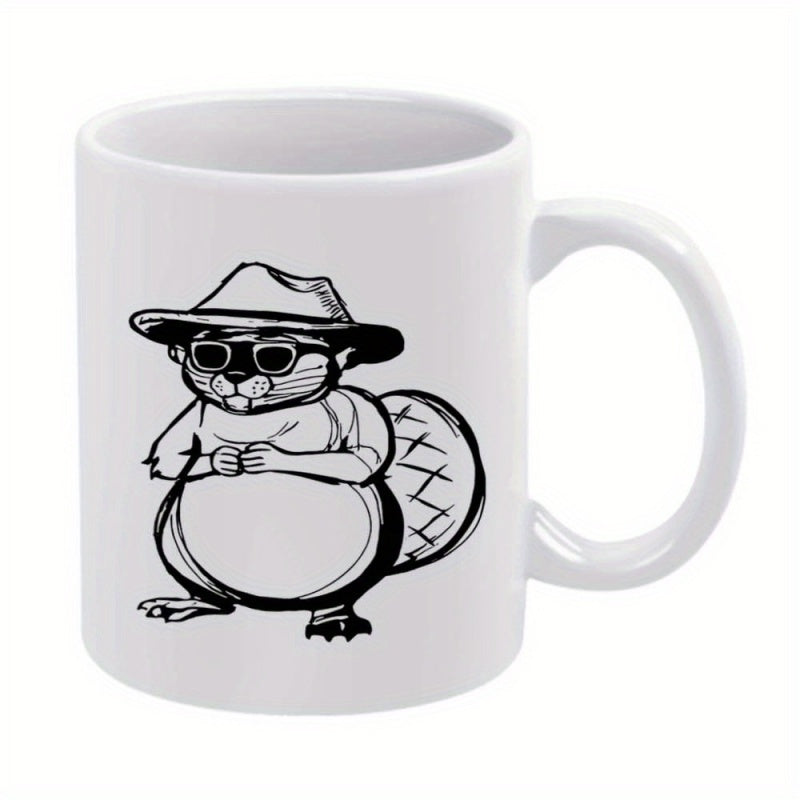 Tailorly White Ceramic 11 oz Mug - Cool Hand Drawn Character Wearing Fancy Fedora And Stylish Sunglasses Beaver