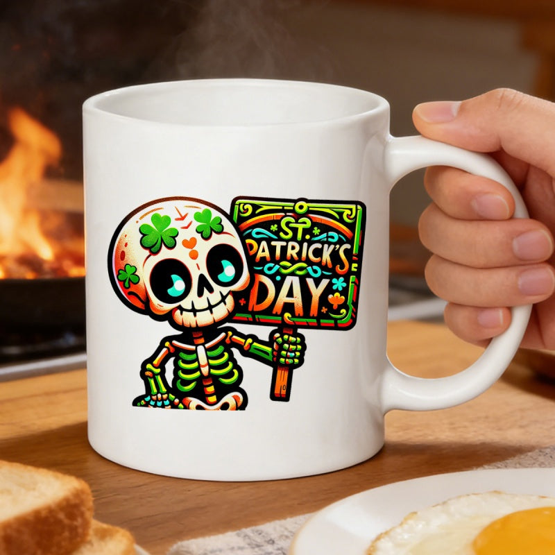 Tailorly White Ceramic 11 oz Mug - St Patricks Day Adorable Cartoon Skeleton Holding Decorative Green Festive Sign With Shamrocks Skeleton
