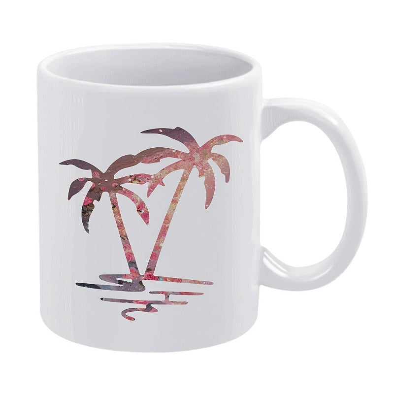 Tailorly White Ceramic 11 oz Mug - Twin Tropical Silhouettes Filled With Cosmic Galaxy Nebula Texture Over Calm Water Palm Tree