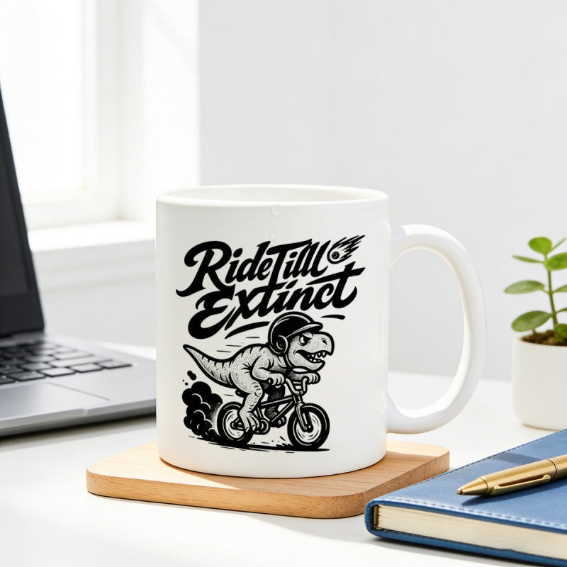 Tailorly White Ceramic 11 oz Mug - Ride Till Extinct Cartoon Prehistoric Creature Wearing A Helmet Riding A Small Bicycle Dinosaur