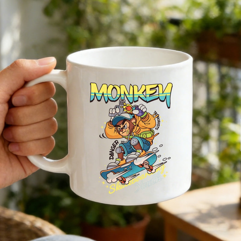 Tailorly White Ceramic 11 oz Mug - Monkey Cool Cartoon Primate Riding A Skateboard With Vibrant Urban Graffiti Elements Monkey