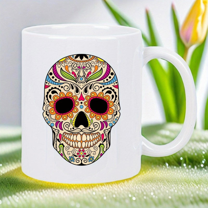 Tailorly White Ceramic 11 oz Mug - Ornate Colorful Mexican Day Of The Dead Floral Patterned Decorative Traditional Skull