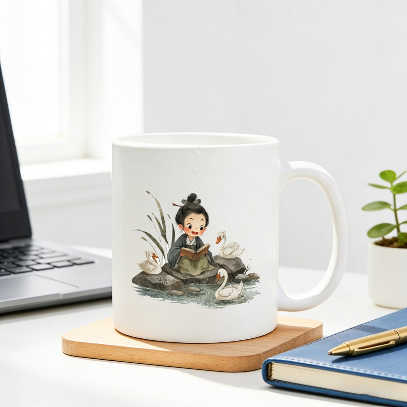 Tailorly White Ceramic 11 oz Mug - Peaceful Scene Featuring Ancient Scholar Reading Among White Graceful Swans Boy