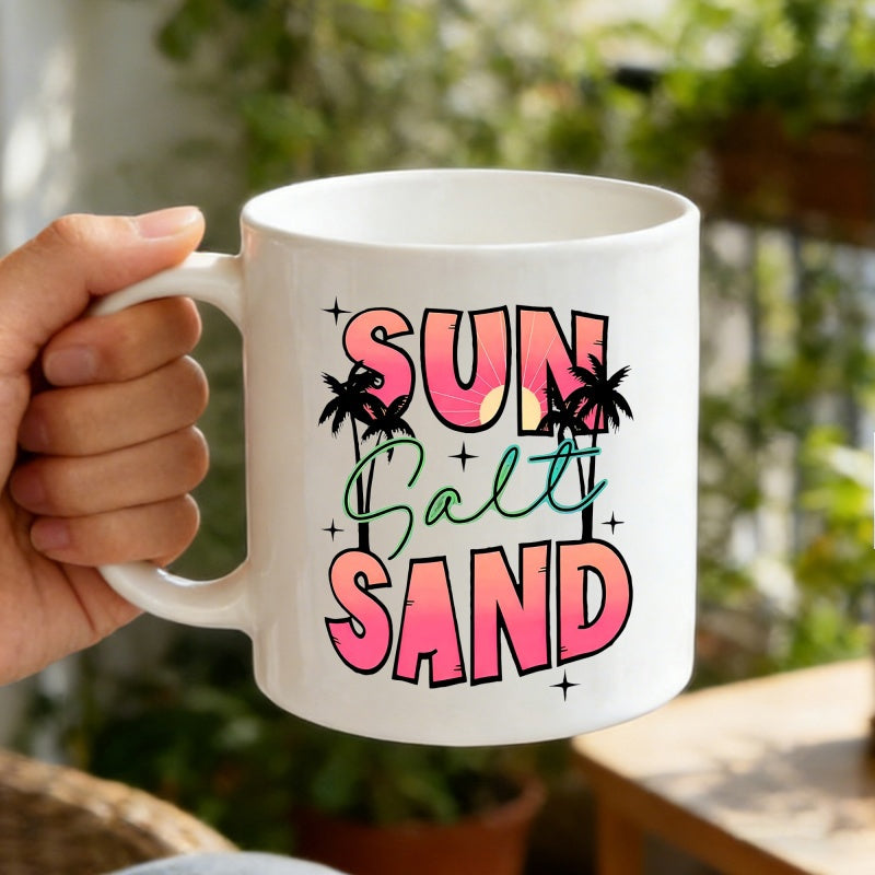 Tailorly White Ceramic 11 oz Mug - Sun Salt Sand Tropical Palm Trees Silhouette Under A Warm Summer Evening Glowing Sunset