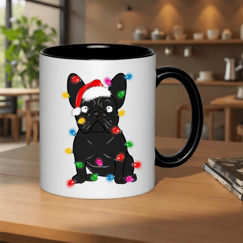 Tailorly Black Accent 11 oz Mug - cute french bulldog wearing santa hat wrapped in christmas lights