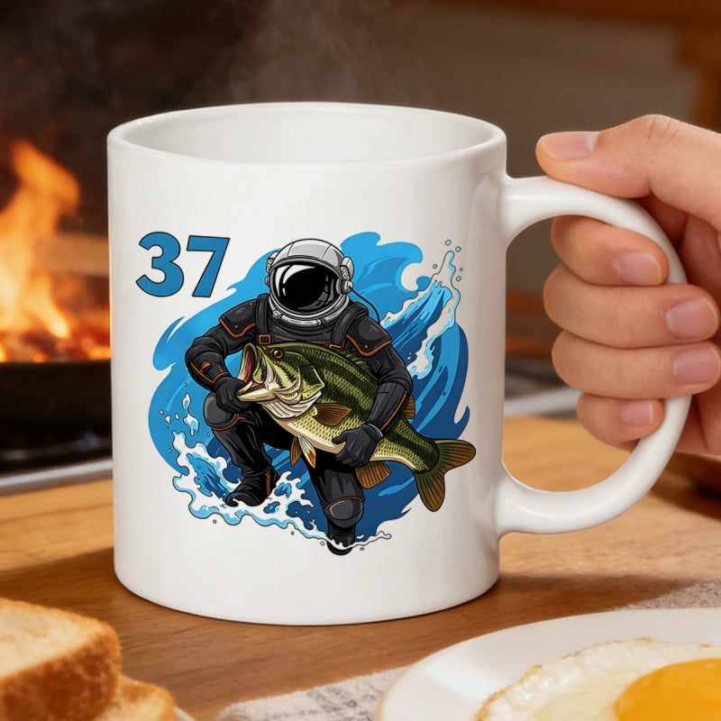 Tailorly White Ceramic 11 oz Mug - 37 Space Explorer In Diving Suit Holding Large Caught Fish Among Splashing Waves Astronaut
