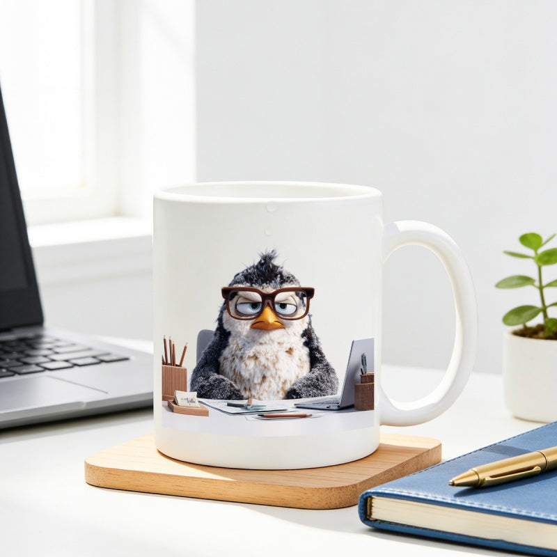Tailorly White Ceramic 11 oz Mug - Grumpy Office Worker Wearing Glasses Sitting At A Desk With Laptop Penguin