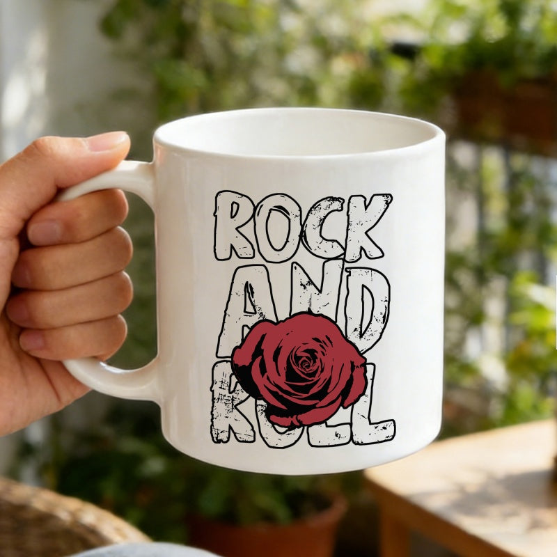 Tailorly White Ceramic 11 oz Mug - Rock And Roll Vintage Distressed Typography Featuring A Large Centered Red Blooming Rose