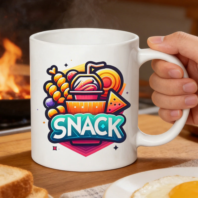 Tailorly White Ceramic 11 oz Mug - Snack Vibrant Cartoon Illustration Depicting Assorted Tasty Treats And Refreshing Drink Snack