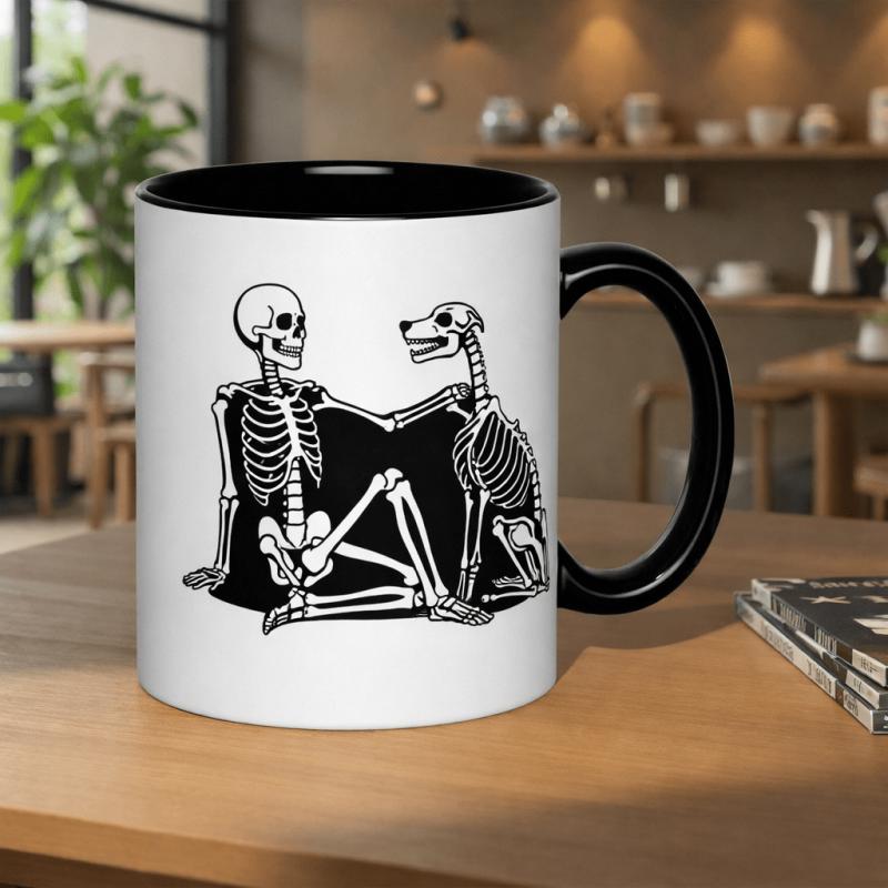 Tailorly Black Accent 11 oz Mug - skeleton dog companionship spooky friendship design