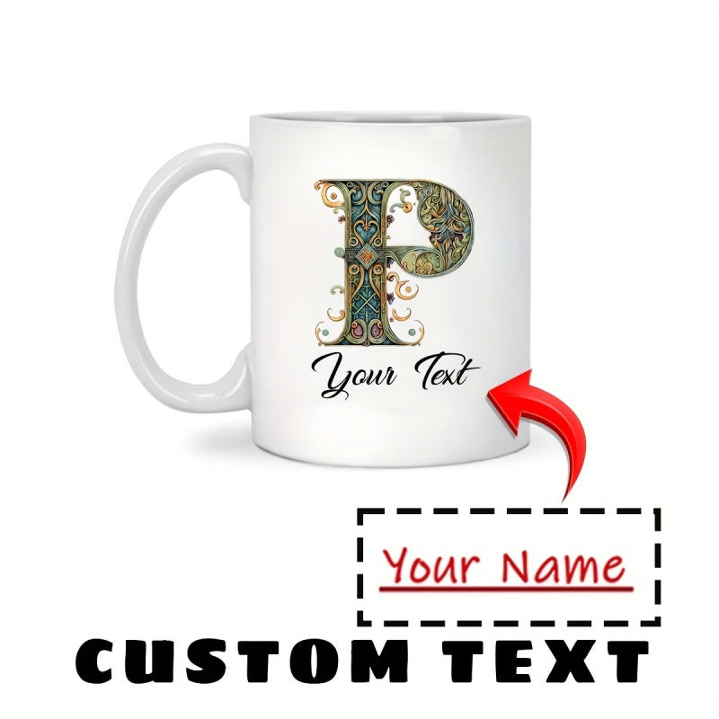 Tailorly White Ceramic 11 oz Mug - Your Text Your Name Custom Text Ornate Gold And Teal Celtic Scrollwork Design On