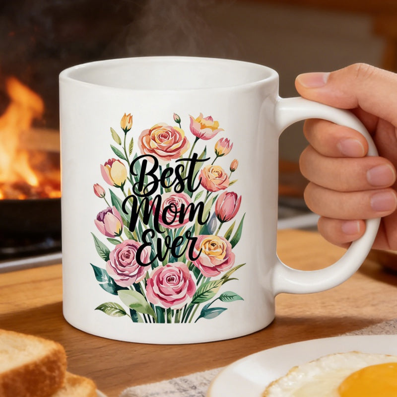 Tailorly White Ceramic 11 oz Mug - Best Mom Ever Delicate Watercolor Bouquet With Vibrant Pink And Yellow Roses Flower