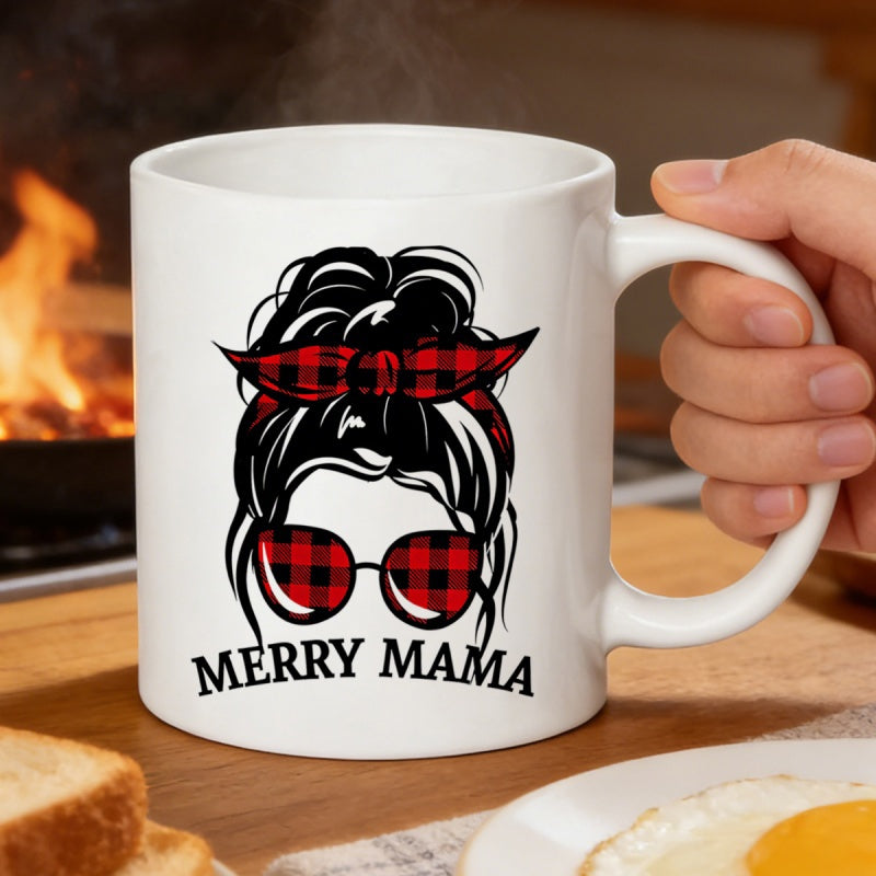 Tailorly White Ceramic 11 oz Mug - Merry Mama Stylish Woman With Red Buffalo Plaid Bow And Matching Sunglasses Mug