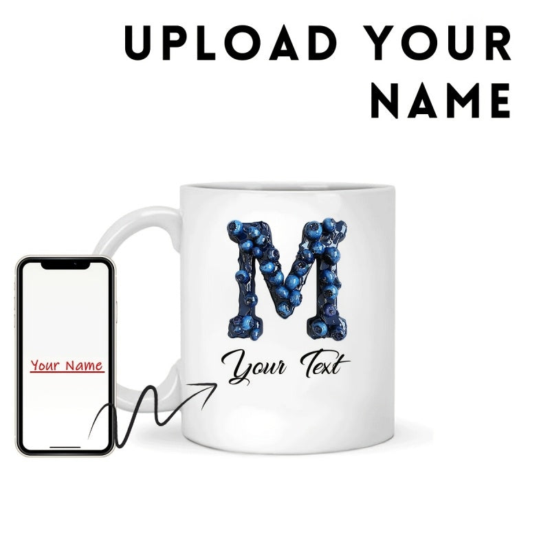 Tailorly White Ceramic 11 oz Mug - Upload Your Name Your Text Personal Letter Made From Fresh Blueberries Mug