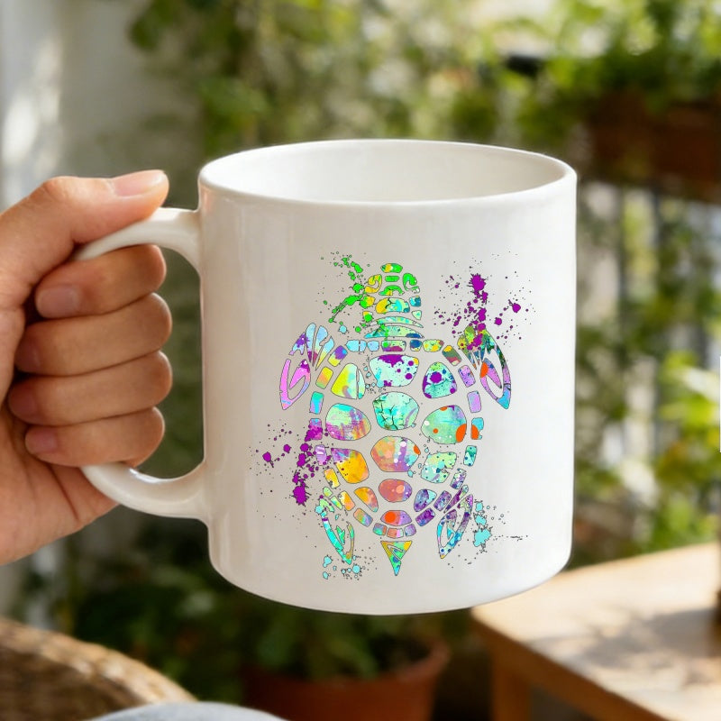 Tailorly White Ceramic 11 oz Mug - Vibrant Watercolor Splatter Effect Decorative Pattern On A Majestic Sea Turtle